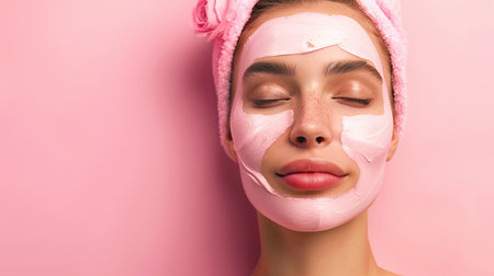 Close up portrait of a young beautiful woman in bath towel applying face body cream on her face for rejuvenation soft moisturizing effect. Spa beauty treatment concept. Facial skin careの素材