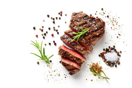 Grilled sliced juicy beef rib eye steak with herbs and spices isolated on white backgroundの素材