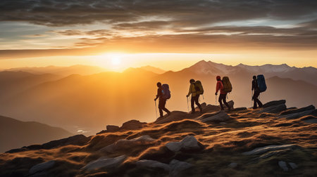 A group of adventurous hikers hike into the mountains at sunsetの素材