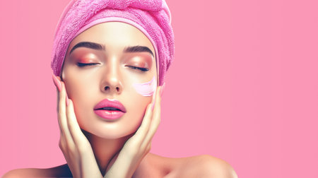 Close up portrait of a young beautiful woman in bath towel applying face body cream on her face for rejuvenation soft moisturizing effect. Spa beauty treatment concept. Facial skin careの素材