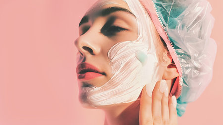 Close up portrait of a young beautiful woman applying face body cream on her face for rejuvenation soft moisturizing effect. Spa beauty treatment concept. Facial skin careの素材