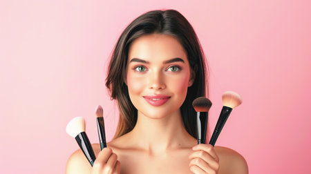 Closeup portrait of a beautiful young woman with cosmetic paint brushes for tonal foundation on the face in her handsの素材