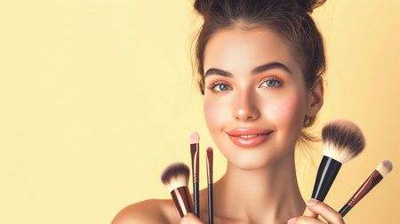 Closeup portrait of a beautiful young woman with cosmetic paint brushes for tonal foundation on the face in her handsの素材