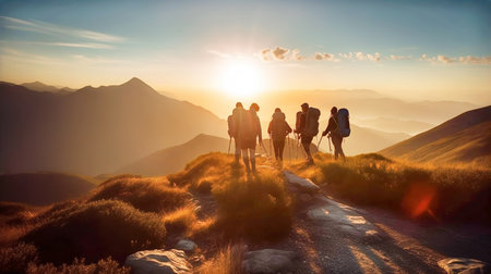 A group of adventurous hikers hike into the mountains at sunsetの素材