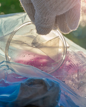 Plastic pollution in the environmental problem of the world. A hand in a white glove puts garbage in a plastic bag. Removal and cleaning of garbage from contaminated territoriesの写真素材