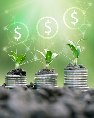 Money growth in soil with green leaves and trees concept, business and farming success finance. agriculture plant seeding growing step concept in gardenの写真素材