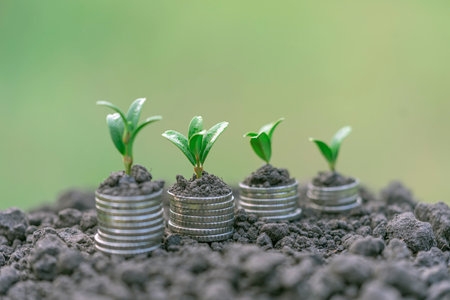 Money growth in soil with green leaves and trees concept, business and farming success finance. agriculture plant seeding growing step concept in gardenの写真素材