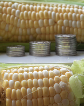 Raw cobs of young corn with leaves on a wooden table.の写真素材