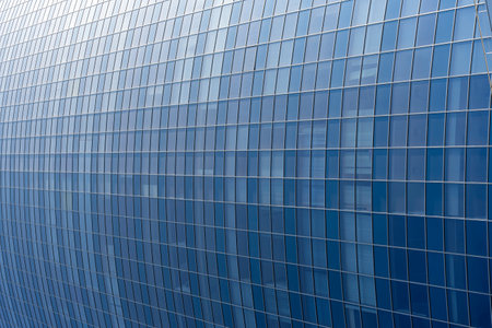 modern office building facade. Tall business center with a glass facade. Construction of a glass facade structure. The glare of the sun on the glass wall of a skyscraperの写真素材