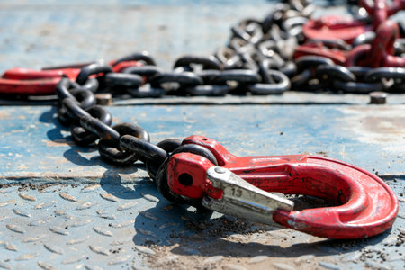 Crane hook, on which chains with hooks and fastening elements are attached. Lifting mechanism in production and warehouse close-up.の写真素材