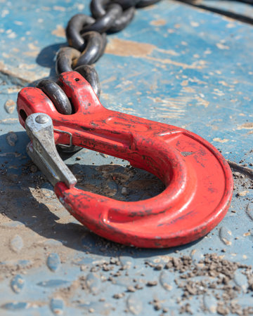 Crane hook, on which chains with hooks and fastening elements are attached. Lifting mechanism in production and warehouse close-up.の写真素材