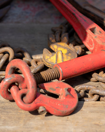 Crane hook, on which chains with hooks and fastening elements are attached. Lifting mechanism in production and warehouse close-up.の写真素材