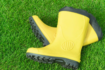 Yellow boots on a green lawn in the garden. Yellow saplings on a background of green grassの写真素材