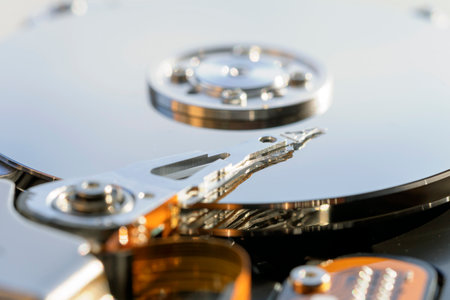 Disassembled hard drive from the computer, hdd with mirror effect. Opened hard drive from the computer hdd with mirror effects. Part of computer pc, laptopの写真素材