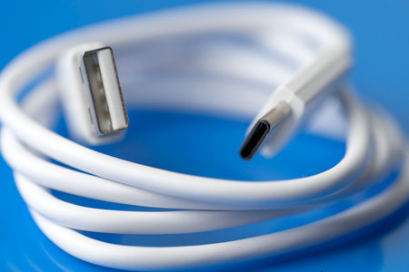 Close-up of a type c phone charging cableの写真素材