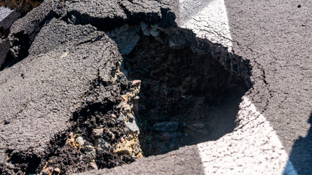 Dangerous stretch of road with damaged asphalt. The accident site is fenced off with black and...