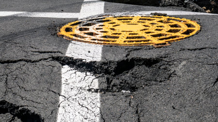 Dangerous stretch of road with damaged asphalt. The accident site is fenced off with black and...