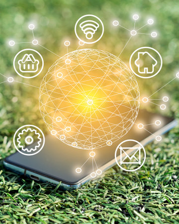 Technological background for your project. A cobweb and a round ball in lines emanating from a phone...