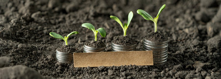 Growing money in the soil with green leaves and trees concept, business and agriculture success...