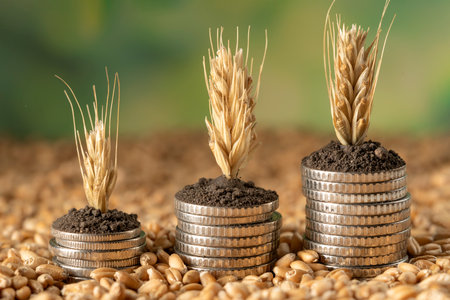 Growing money in the soil with ripe wheat spikelets. Concept, business and agriculture success...