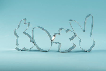 easter bunny on blue background. Happy Easter Day concept. Minimal Easter concept. Space for text....