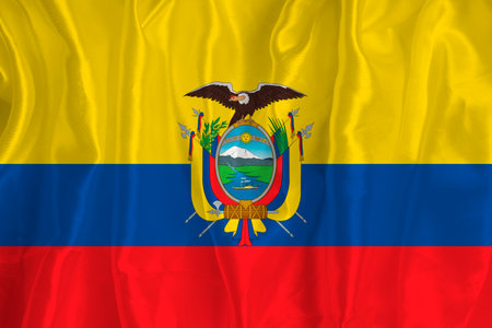 The flag of Ecuador on a silk background is a great national symbol. Fabric texture The official state symbol of the country..の写真素材