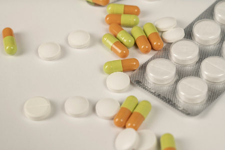 Pills on a light background that fall.の写真素材