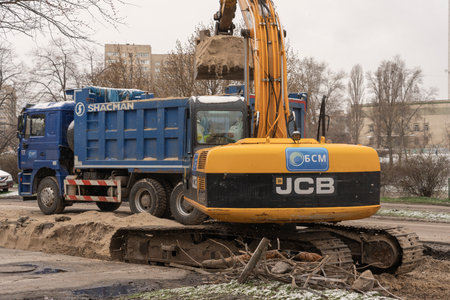 Repair of roads and communications. Replacement of sewer pipes and drains. pipes. Site on a city...