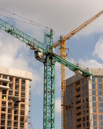 tower cranes at construction site and city background
