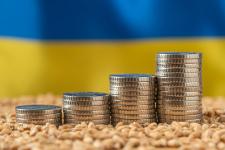 Growing money in the form of a stack of coins on the background of the Ukrainian flag and grain....