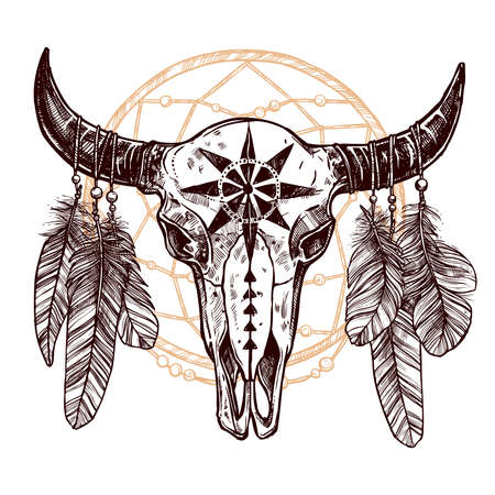 Buffalo Skull With Feathers And Dreamcatcher. Hand Drawn Sketch. Native American Totemのイラスト素材