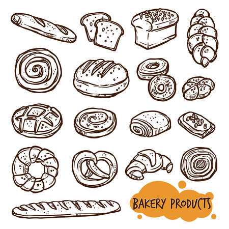 Bakery Products Set In Sketch Linear Styleのイラスト素材