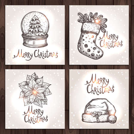 Christmas Cards Collection On The Wood Backgroundのイラスト素材