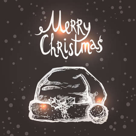 Christmas Card With Sketch Santa Hat On The Chalkboardのイラスト素材