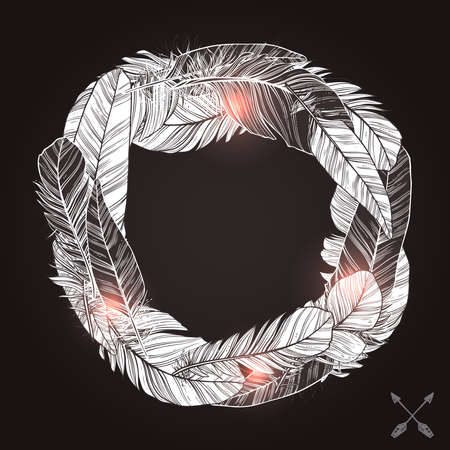 Feather Wreath. Feather Frame. Hand Drawn Monochrome Illustration In Boho Vintage Styleのイラスト素材