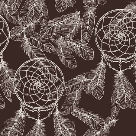 Seamless Monochrome Pattern With Hand Drawn Dreamcatcher And Feathersのイラスト素材