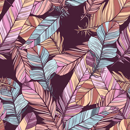 Feathers Color Seamless Pattern In Hand Drawn Vintage Styleのイラスト素材