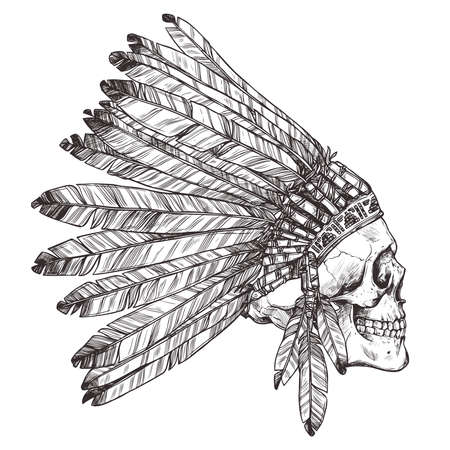 Hand Drawing of Native American Indian Headdress With Human Skull In Profile.のイラスト素材