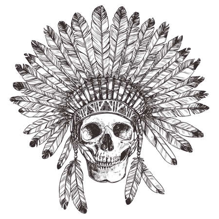 Hand Drawing of Native American Indian Headdress With Human Skull.のイラスト素材