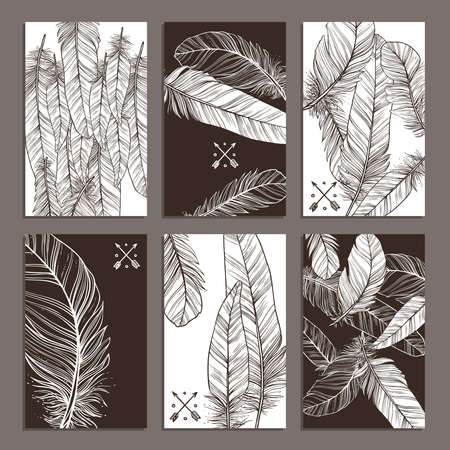 Collection Of Cards With Hand Drawn Illustrations Of Feathers. Black And White Trendy Banners With Feathersのイラスト素材