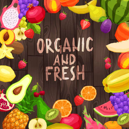 Fresh And Organic Fruits In Flat Style On Wooden Background With Text "Organic And Fresh". Vector Illustration.のイラスト素材