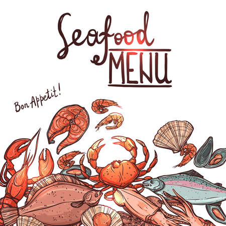 Hand Drawn Color Seafood Menu With Lettering On White Backgroundのイラスト素材