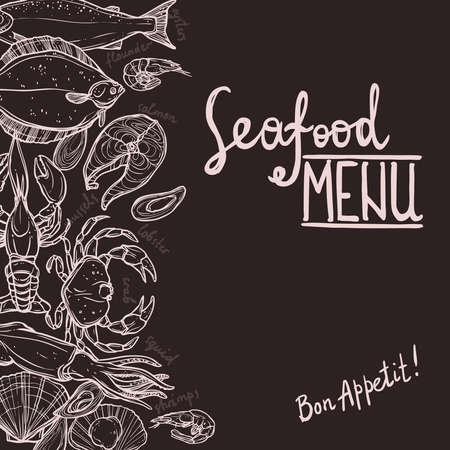 Hand Drawn Seafood Menu On The Chalkboard. Seafood Side Composition With Place For Your Textのイラスト素材