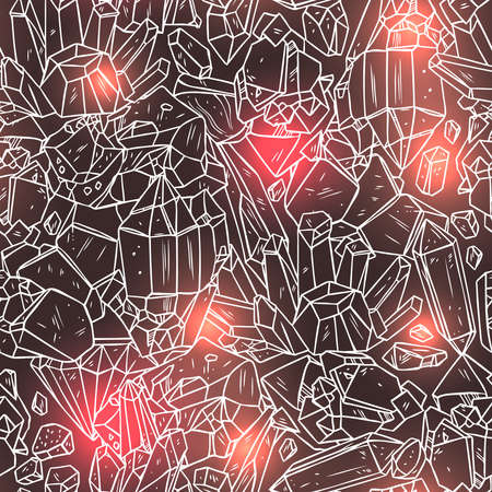 Seamless Pattern With Hand Drawn Crystals And Minerals With Shine. Trendy Hipster Black And White Background With Geometric Gemsのイラスト素材