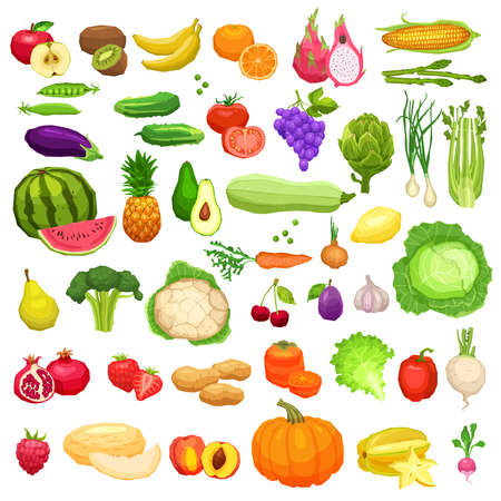Vegetables And Fruits Big Icons Set In Flat Style On White Background. Healthy And Vegetarian Food Collectionのイラスト素材