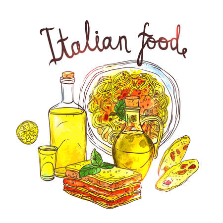 Watercolor Hand Drawn Illustration Of Italian Food With Pasta, Lasagna, Biskotti, Limoncello And Olive Oilのイラスト素材