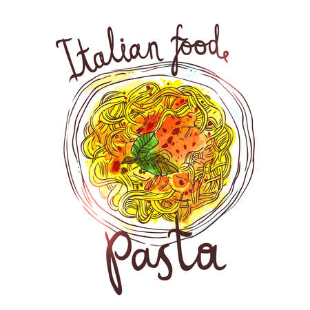 Watercolor Hand Drawn Pasta, Sketch Illustration Of Italian Foodのイラスト素材