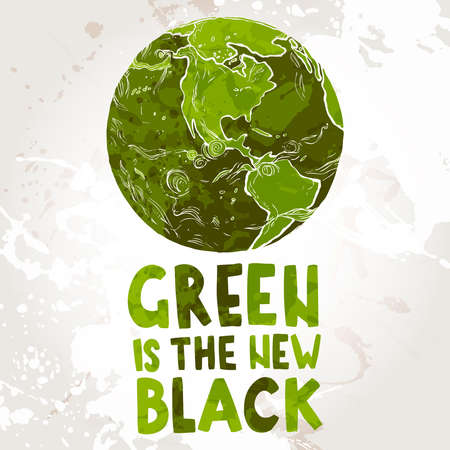 Hand drawn ecological illustration of Planet Earth with text "Green is the new black"のイラスト素材