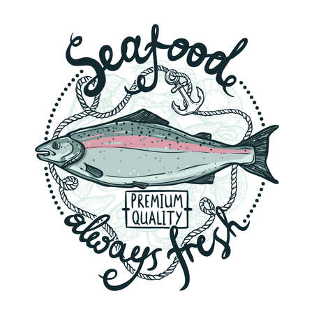 Seafood Label, Premium Quality Always Fresh Seafood Poster With Salmon.のイラスト素材