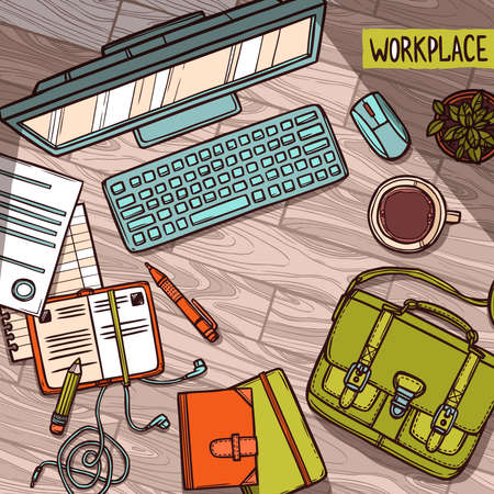 Hand drawn color illustration of workplace top view with work elements on wood textureのイラスト素材